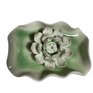 Ceramic Lotus on Lily Pad Incense Holder Fairycore Soft green pink & white NWOT